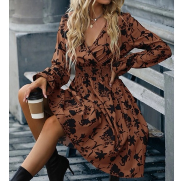 Boho floral print flounce sleeve surplice neck long sleeve mini dress - Picture 6 of 6